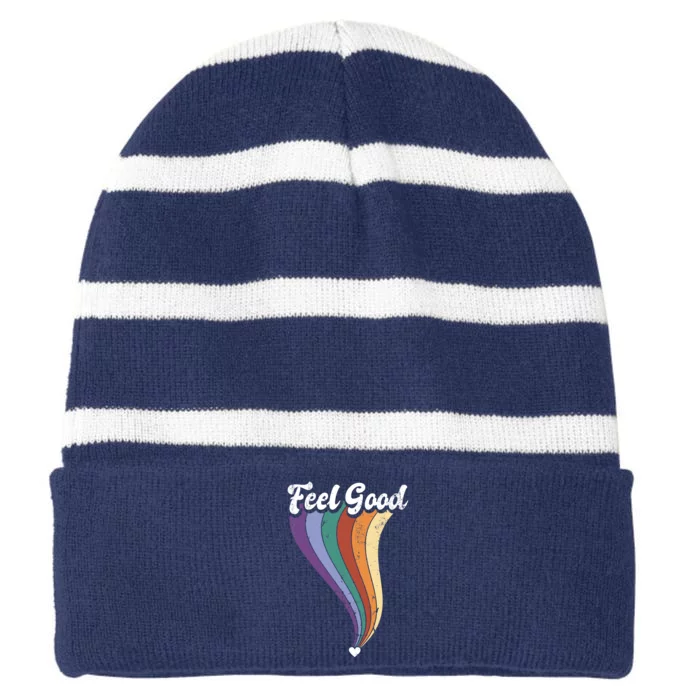 Feel Good Retro Vintage Rainbow Striped Beanie with Solid Band