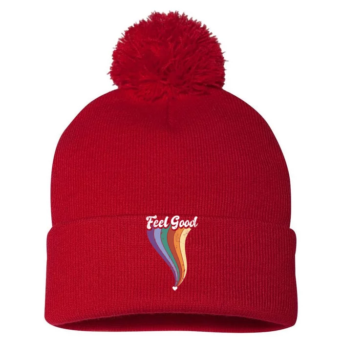 Feel Good Retro Vintage Rainbow Pom Pom 12in Knit Beanie