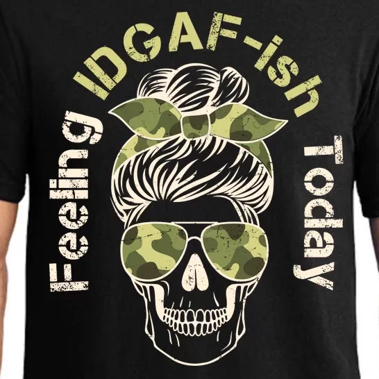 Feeling IDGAF-ish Today Army Print Hair Bun Skull Pajama Set