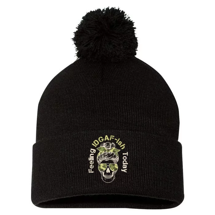 Feeling IDGAF-ish Today Army Print Hair Bun Skull Pom Pom 12in Knit Beanie