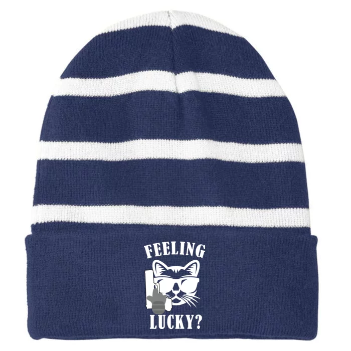 Feeling Luck Cat With Pistol Gun Striped Beanie with Solid Band