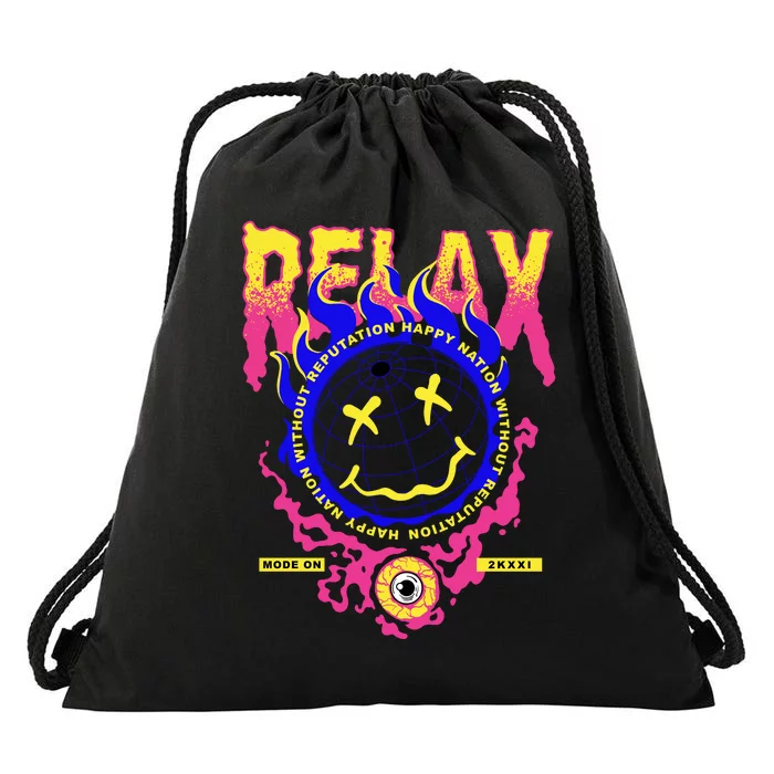 Flaming Emoji Globe Eyeball Smoke Drawstring Bag