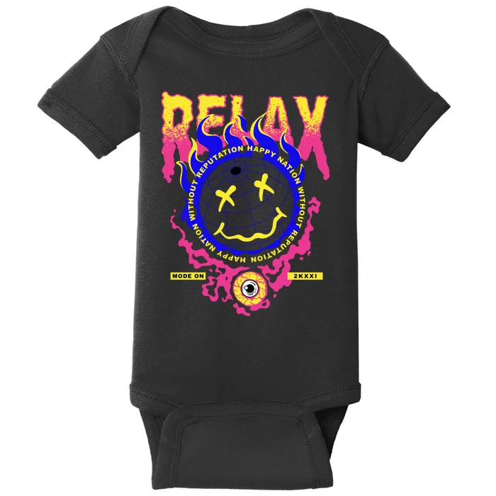 Flaming Emoji Globe Eyeball Smoke Baby Bodysuit