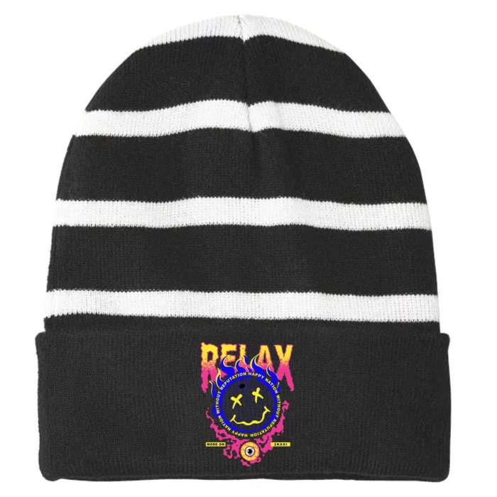 Flaming Emoji Globe Eyeball Smoke Striped Beanie with Solid Band