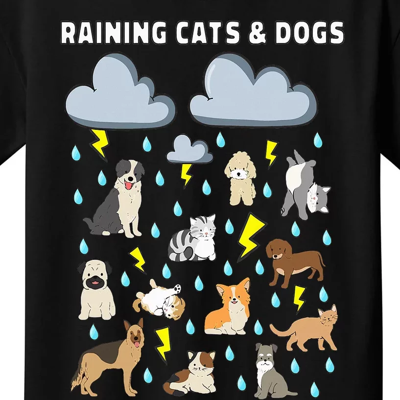 Funny English Idiom Raining Cats and Dogs Puppies Kitten Kids T-Shirt