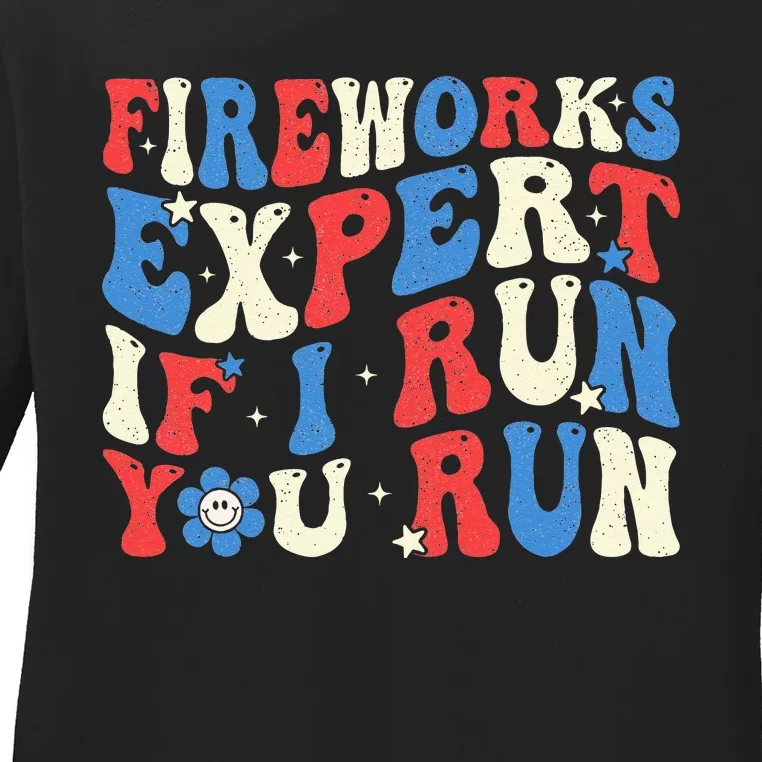 Fireworks Expert If I Run You Run American Flag Groovy Ladies Long Sleeve Shirt