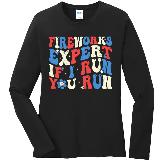 Fireworks Expert If I Run You Run American Flag Groovy Ladies Long Sleeve Shirt