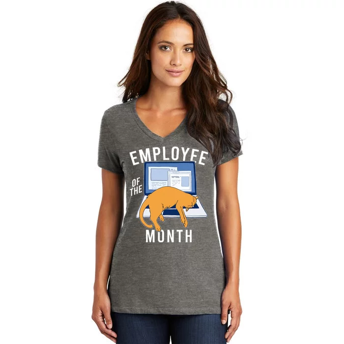 Funny Employee Of The Month Sleepy Cat Laptop Women's V-Neck T-Shirt