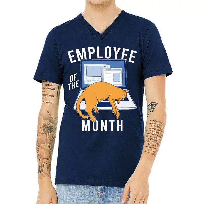 Funny Employee Of The Month Sleepy Cat Laptop V-Neck T-Shirt