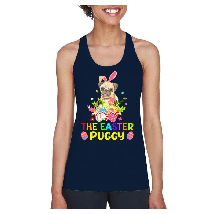 Funny Easter Pug Rabbit Ears Eggs Basket Dogs Women's Racerback Tank