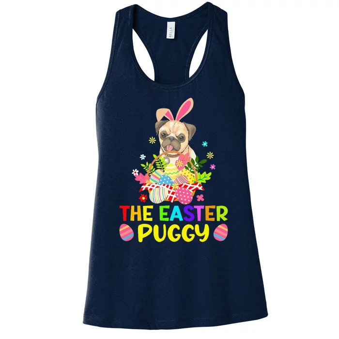 Funny Easter Pug Rabbit Ears Eggs Basket Dogs Women's Racerback Tank