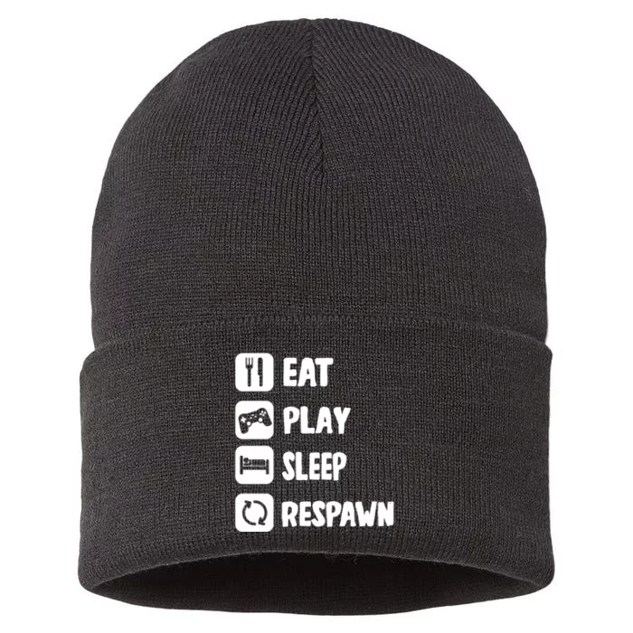 Funny Eat Play Sleep Respawn For Video Games Lovers Sustainable Knit Beanie