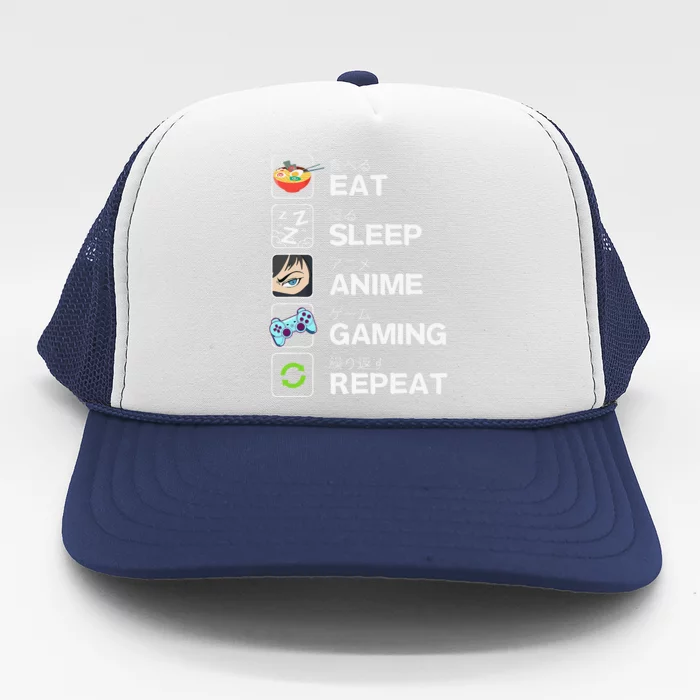 Funny Eat Sleep Anime Gaming Repeat Kawaii Otaku Gamer Anime Manga Trucker Hat