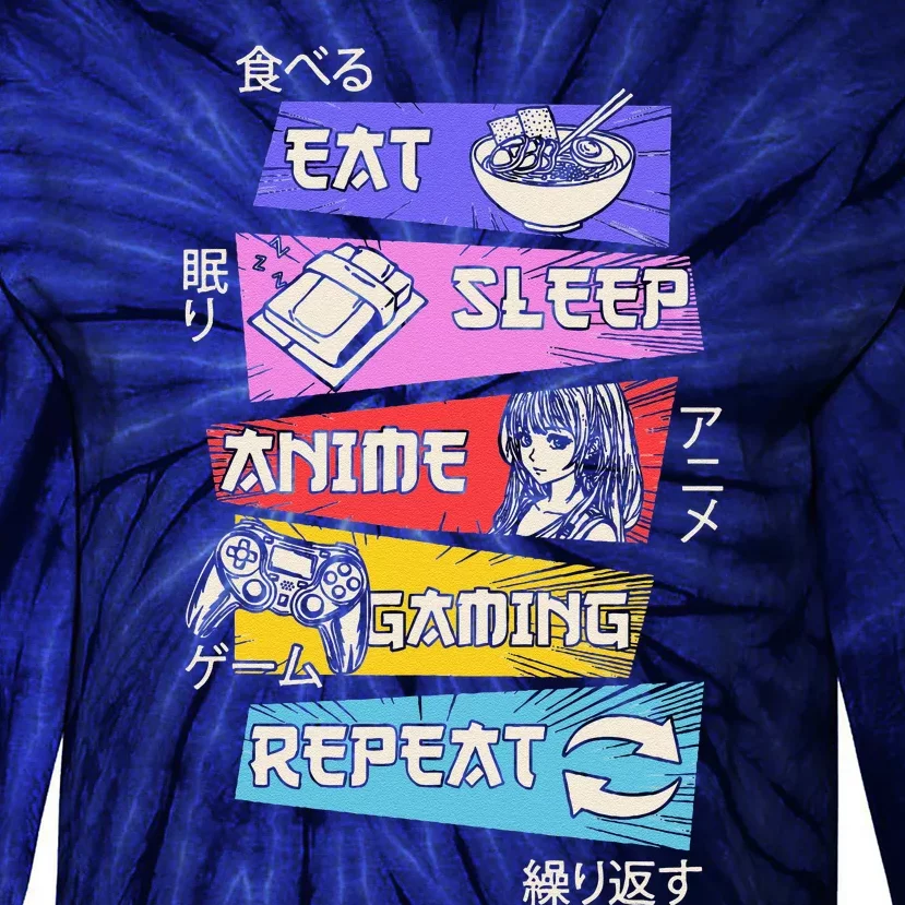 Funny Eat Sleep Anime Gaming Repeat Otaku Gamer Japanese Anime Tie-Dye Long Sleeve Shirt