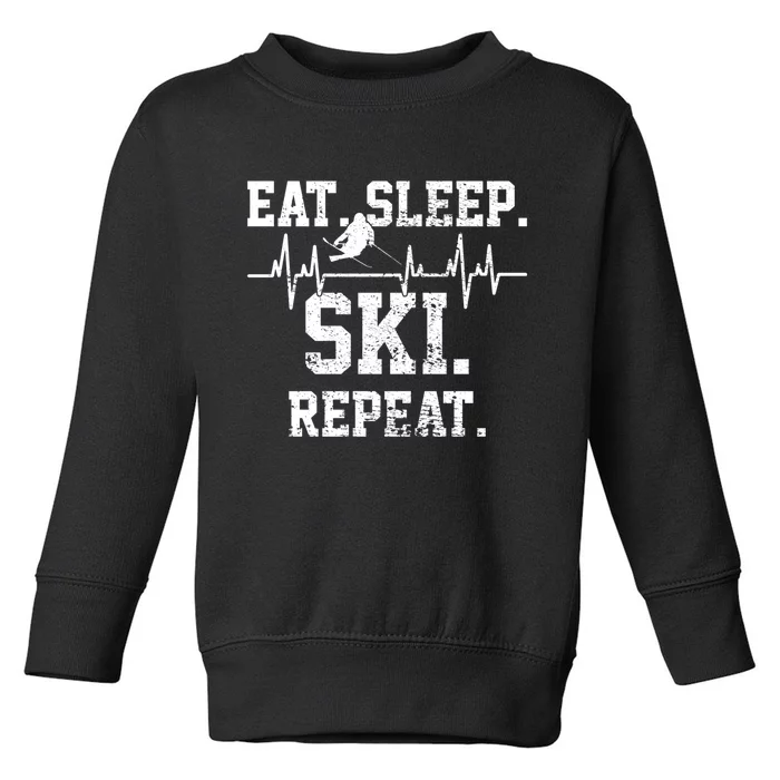 Funny Eat Sleep Ski Repeat Skiing Heartbeat Gift For Skier Funny Ski Toddler Sweatshirt