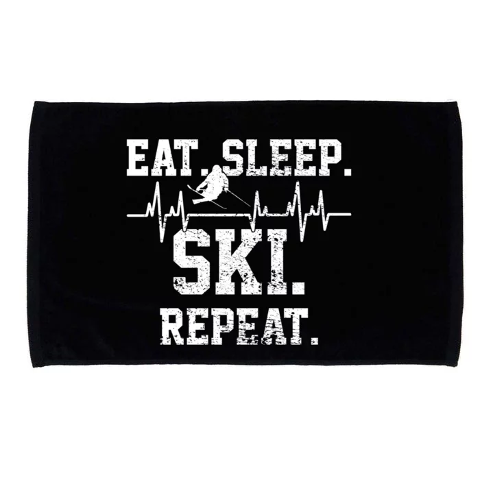 Funny Eat Sleep Ski Repeat Skiing Heartbeat Gift For Skier Funny Ski Microfiber Hand Towel