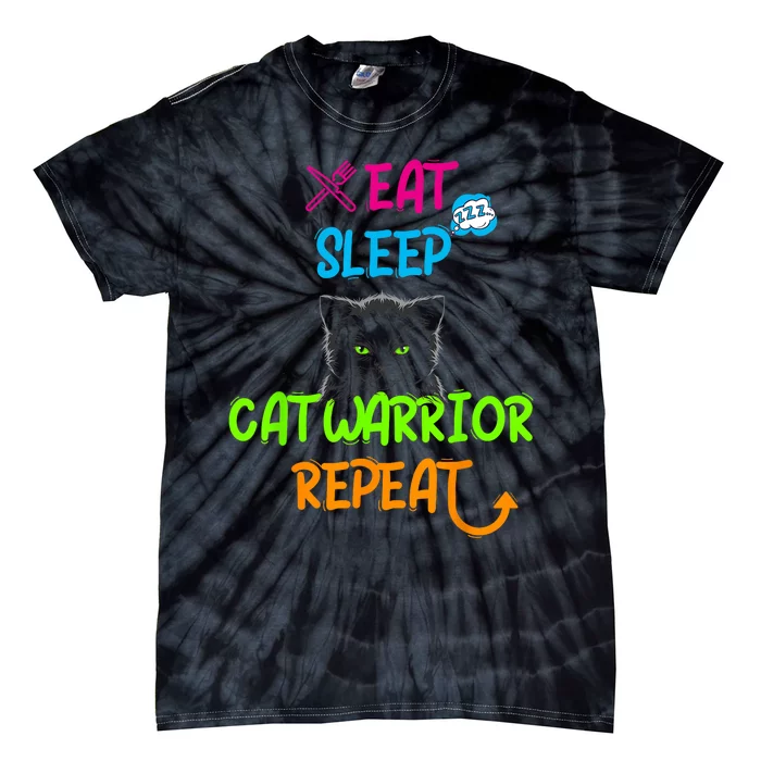 Funny Eat Sleep Cat Warrior Repeat Cool Cat Tie-Dye T-Shirt