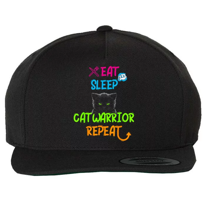 Funny Eat Sleep Cat Warrior Repeat Cool Cat Wool Snapback Cap