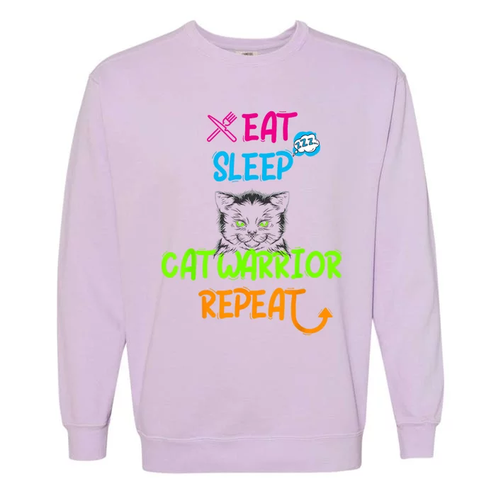 Funny Eat Sleep Cat Warrior Repeat Cool Cat Garment-Dyed Sweatshirt