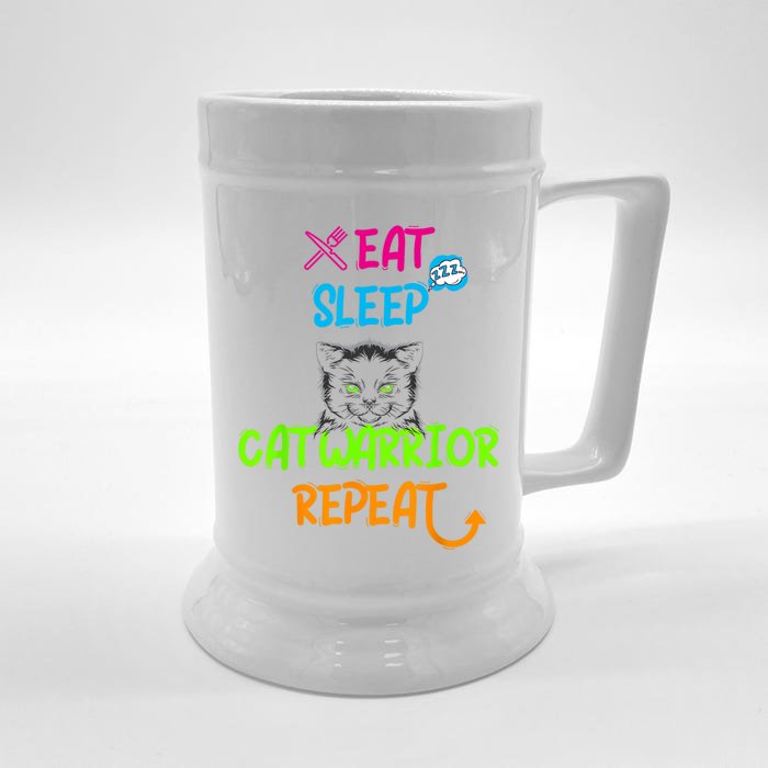 Funny Eat Sleep Cat Warrior Repeat Cool Cat Front & Back Beer Stein