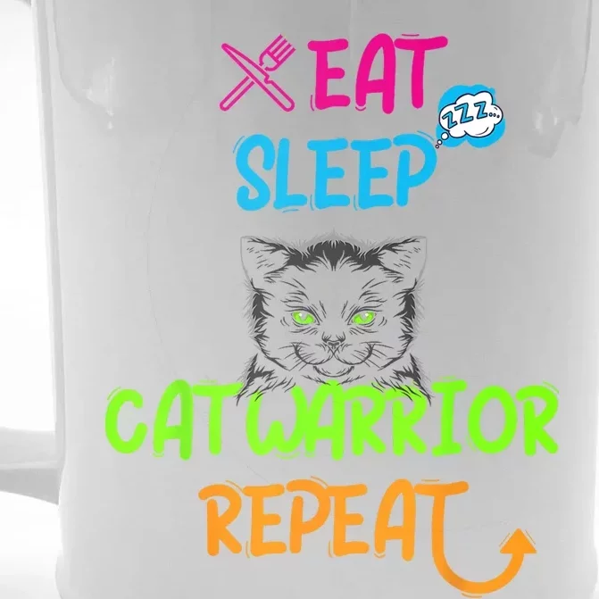 Funny Eat Sleep Cat Warrior Repeat Cool Cat Front & Back Beer Stein