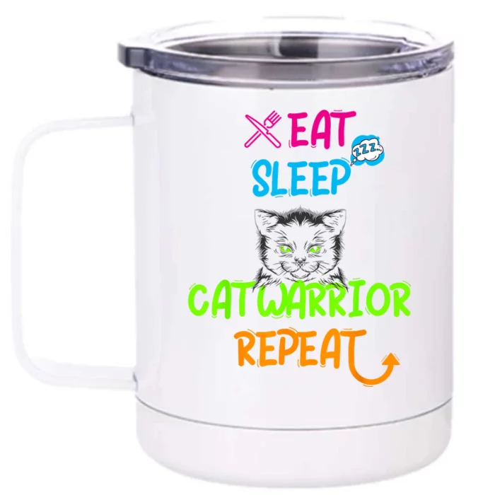 Funny Eat Sleep Cat Warrior Repeat Cool Cat Front & Back 12oz Stainless Steel Tumbler Cup