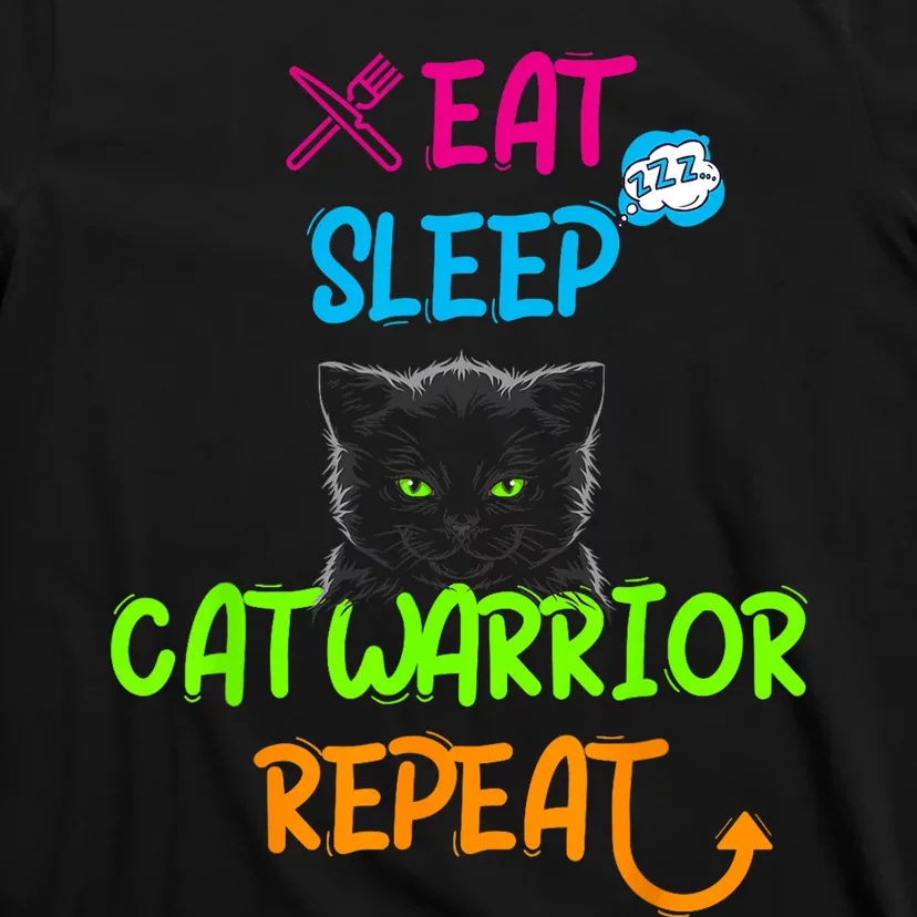 Funny Eat Sleep Cat Warrior Repeat Cool Cat T-Shirt