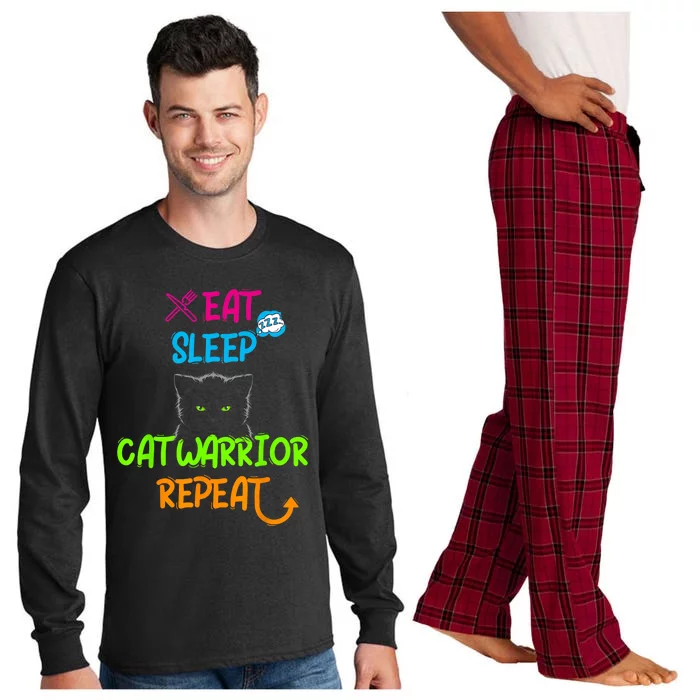 Funny Eat Sleep Cat Warrior Repeat Cool Cat Long Sleeve Pajama Set