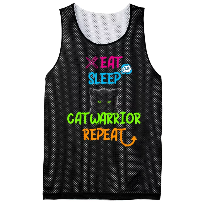 Funny Eat Sleep Cat Warrior Repeat Cool Cat Mesh Reversible Basketball Jersey Tank