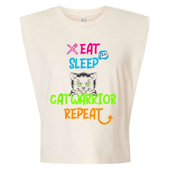 Funny Eat Sleep Cat Warrior Repeat Cool Cat Design Garment-Dyed Women's Muscle Tee