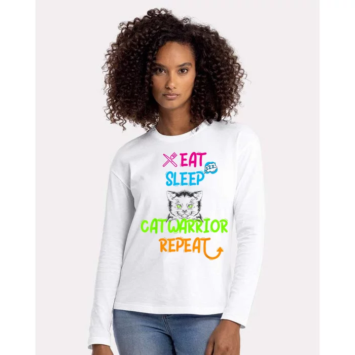 Funny Eat Sleep Cat Warrior Repeat Cool Cat Design Womens Cotton Relaxed Long Sleeve T-Shirt