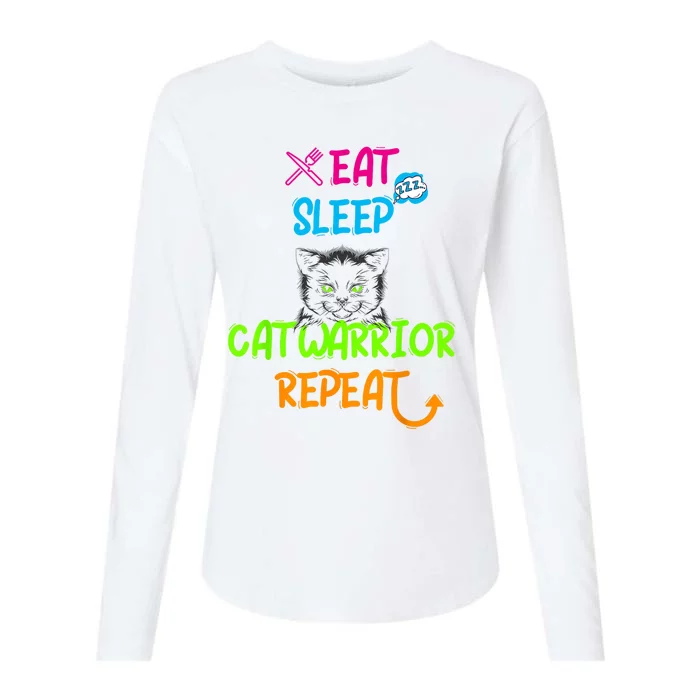 Funny Eat Sleep Cat Warrior Repeat Cool Cat Design Womens Cotton Relaxed Long Sleeve T-Shirt