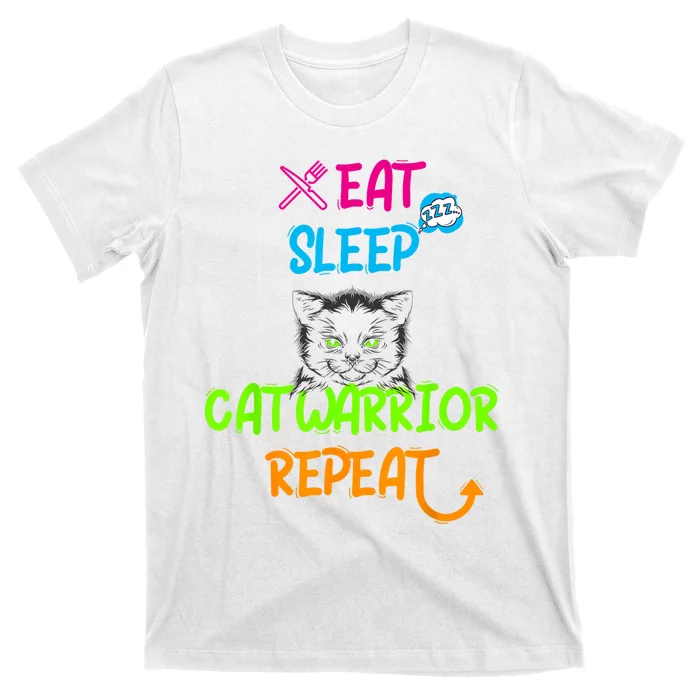 Funny Eat Sleep Cat Warrior Repeat Cool Cat Design T-Shirt