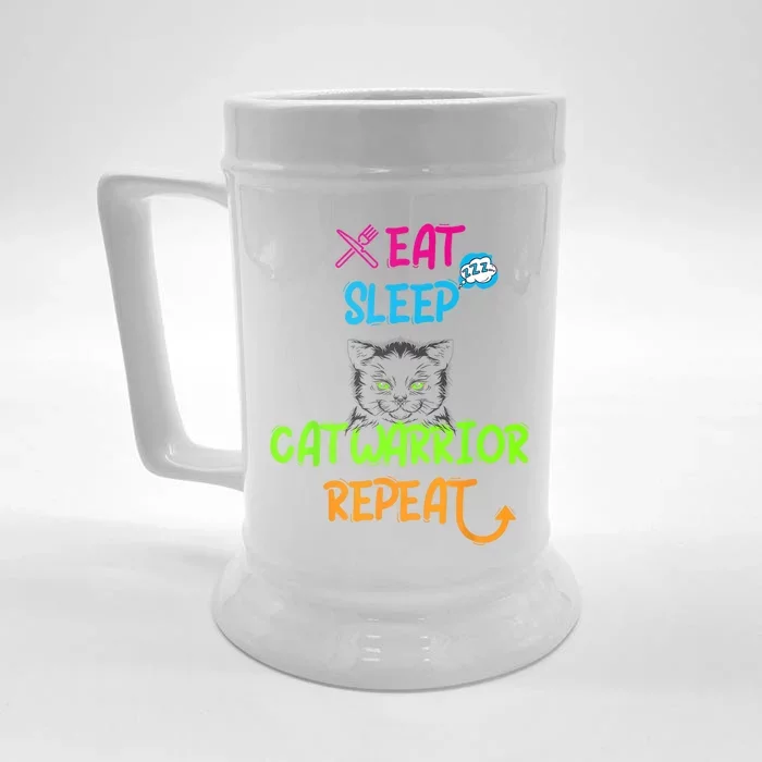 Funny Eat Sleep Cat Warrior Repeat Cool Cat Design Front & Back Beer Stein