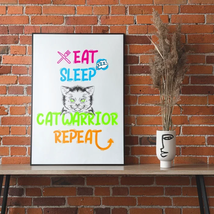 Funny Eat Sleep Cat Warrior Repeat Cool Cat Design Poster