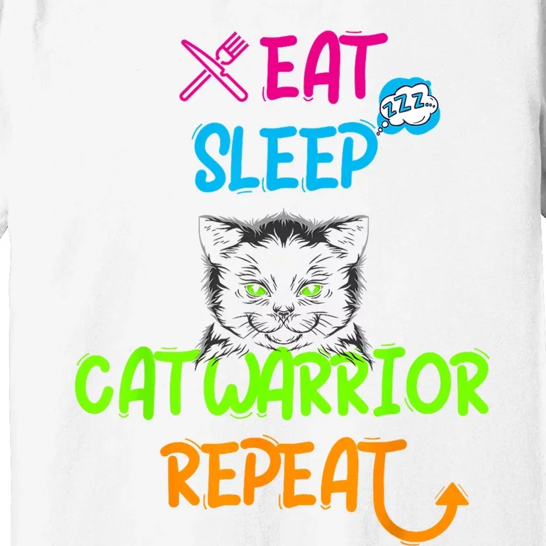 Funny Eat Sleep Cat Warrior Repeat Cool Cat Design Premium T-Shirt