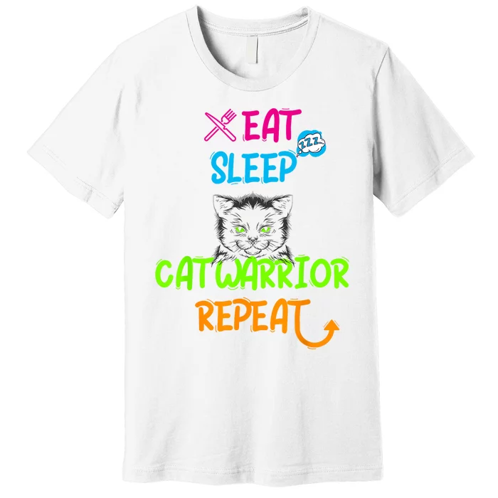 Funny Eat Sleep Cat Warrior Repeat Cool Cat Design Premium T-Shirt