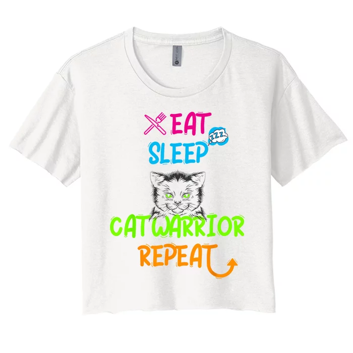 Funny Eat Sleep Cat Warrior Repeat Cool Cat Design Women's Crop Top Tee