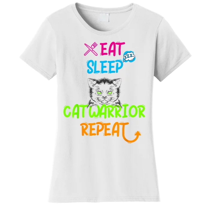 Funny Eat Sleep Cat Warrior Repeat Cool Cat Design Women's T-Shirt