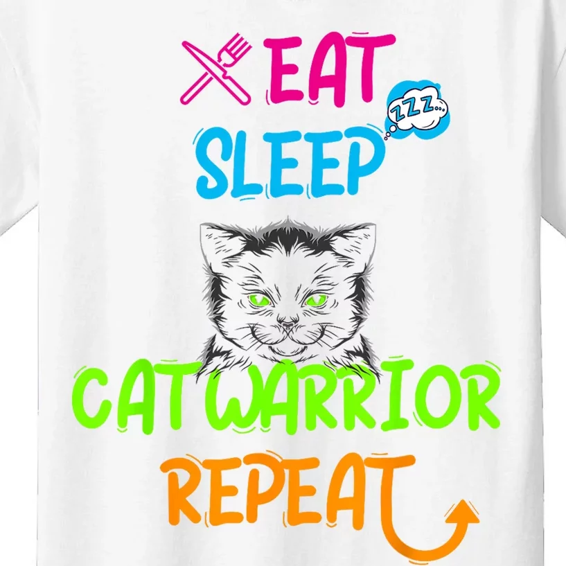 Funny Eat Sleep Cat Warrior Repeat Cool Cat Design Kids T-Shirt