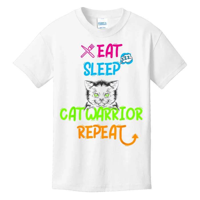 Funny Eat Sleep Cat Warrior Repeat Cool Cat Design Kids T-Shirt