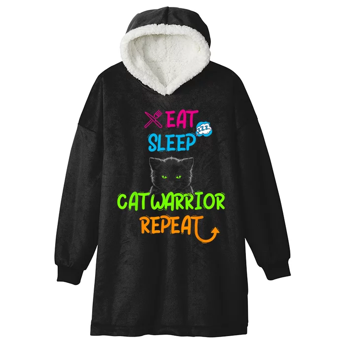 Funny Eat Sleep Cat Warrior Repeat Cool Cat Hooded Wearable Blanket