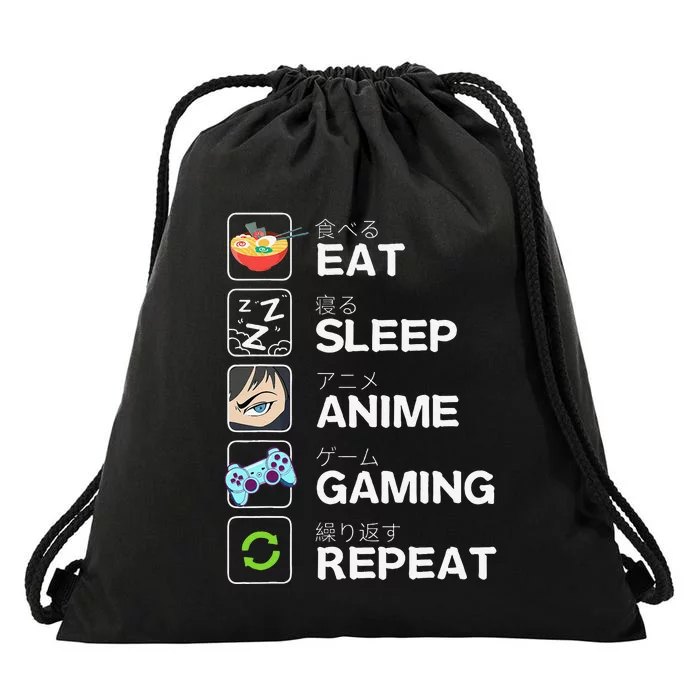 Funny Eat Sleep Anime Gaming Repeat Kawaii Otaku Gamer Anime Manga Drawstring Bag