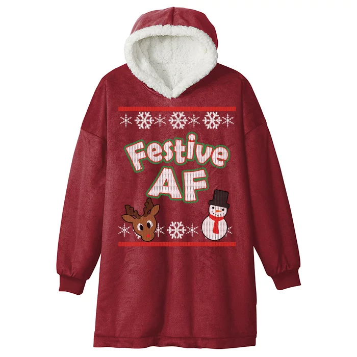 Festive AF Ugly Christmas Sweater Hooded Wearable Blanket