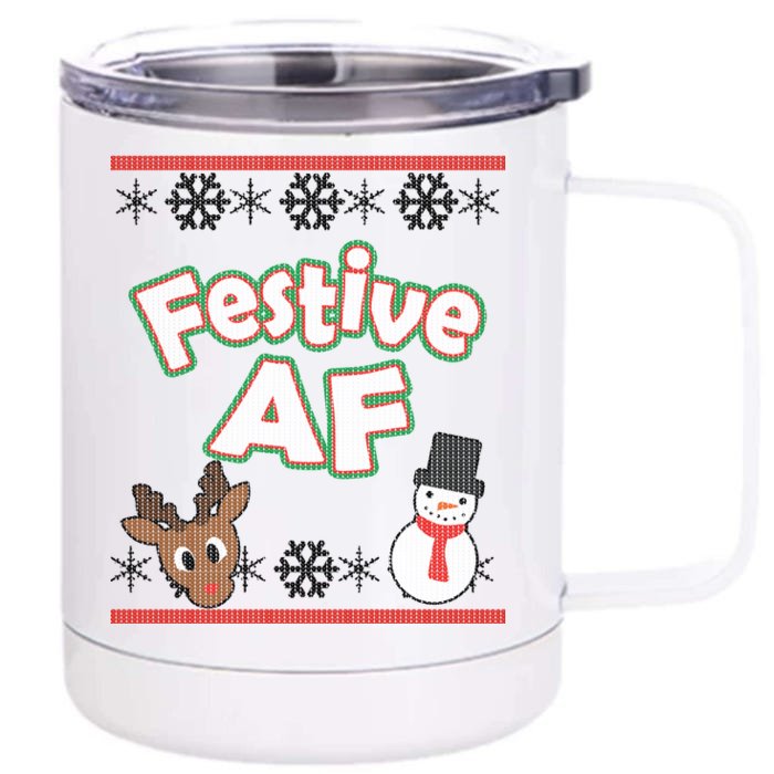 Festive AF Ugly Christmas Sweater Front & Back 12oz Stainless Steel Tumbler Cup