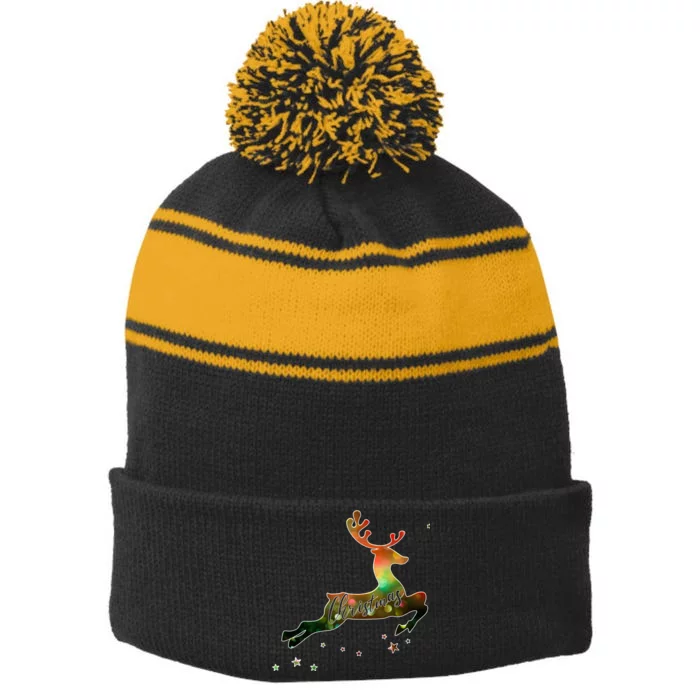 Festive Christmas Leaping Reindeer Stripe Pom Pom Beanie