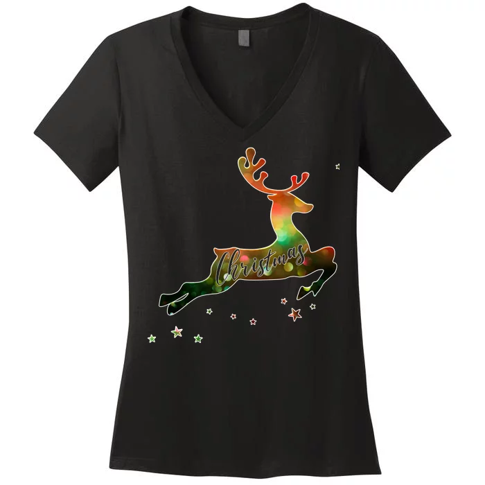 Festive Christmas Leaping Reindeer Women's V-Neck T-Shirt