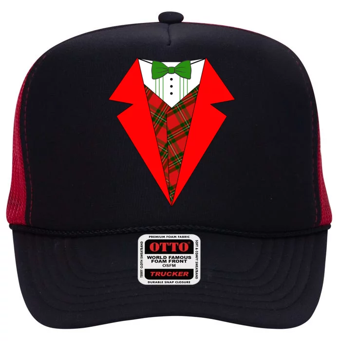 Festive Christmas Red Tuxedo High Crown Mesh Trucker Hat