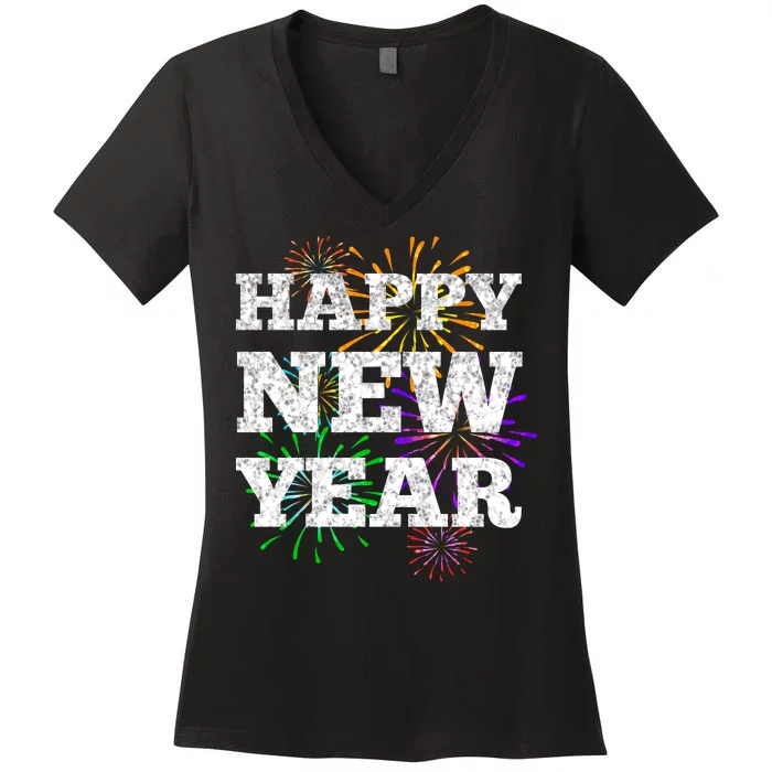 Festive Happy New Year Fireworks Women's V-Neck T-Shirt