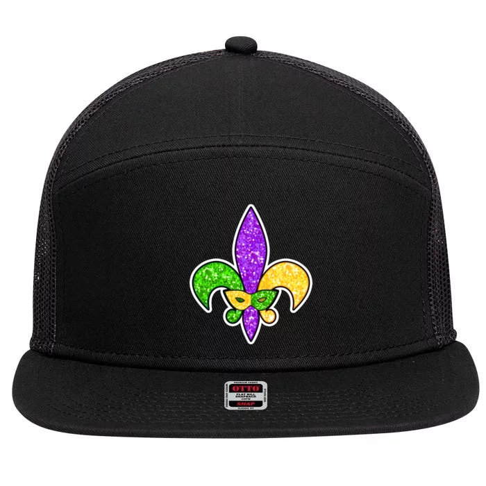 Festive Mardi Gras Fleur De Lis And Party Mask 7 Panel Mesh Trucker Snapback Hat